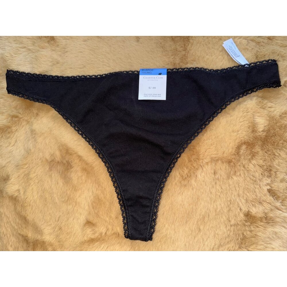 Charter Club Everyday‎ Cotton Women's Lace-Trim Thong, Black, Size XL, NWT - Picture 2 of 4